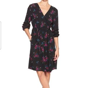 Gap Women's Wrap Dress Black Floral Print Belted Pockets S Boho Fairycore